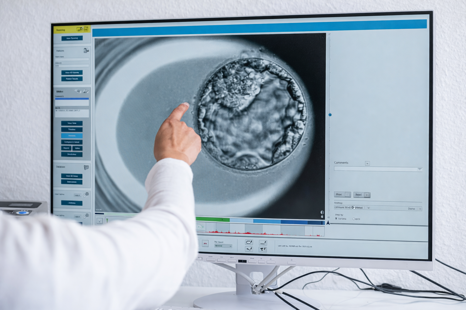 Befruchtete Eizelle auf einem Bildschirm - im Rahmen der Blastozystenkultur